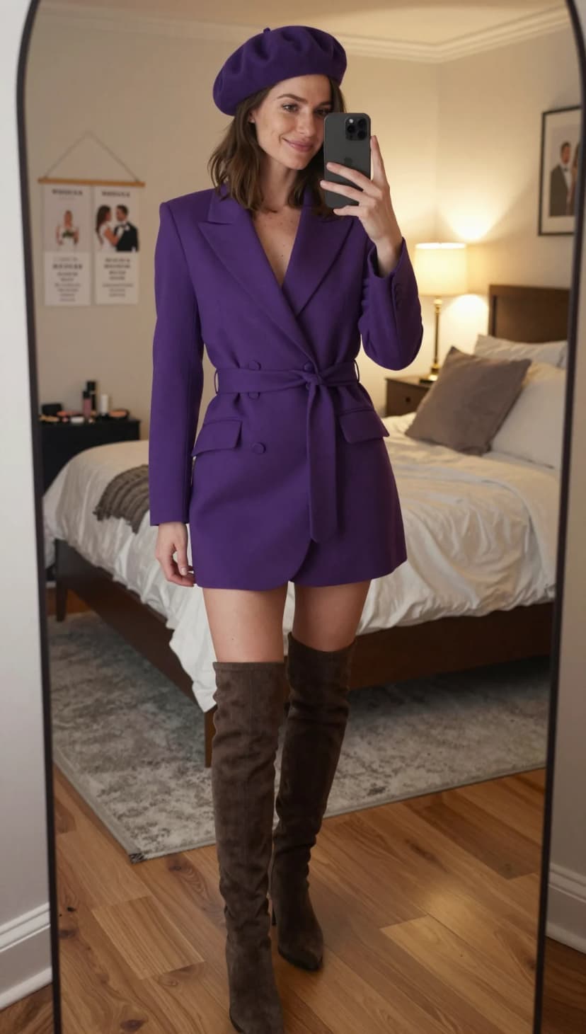 Purple Wool Blazer Dress + Brown Suede OTK Boots + Purple Beret