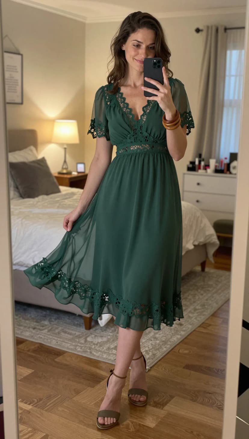 Forest Green Chiffon Lace Trim Midi Dress + Olive Suede Block Heels
