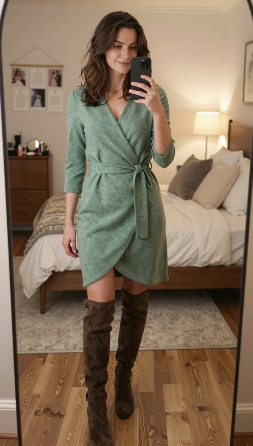 Sage Green Textured Wrap Dress + Dark Brown Suede OTK Boots
