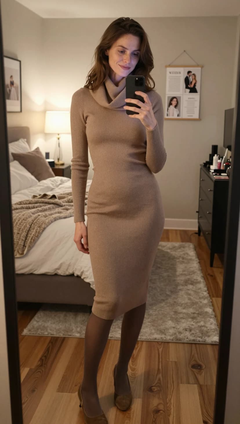 Taupe Ribbed Knit Midi Dress + Grey Sheer Tights + Taupe Suede Heels