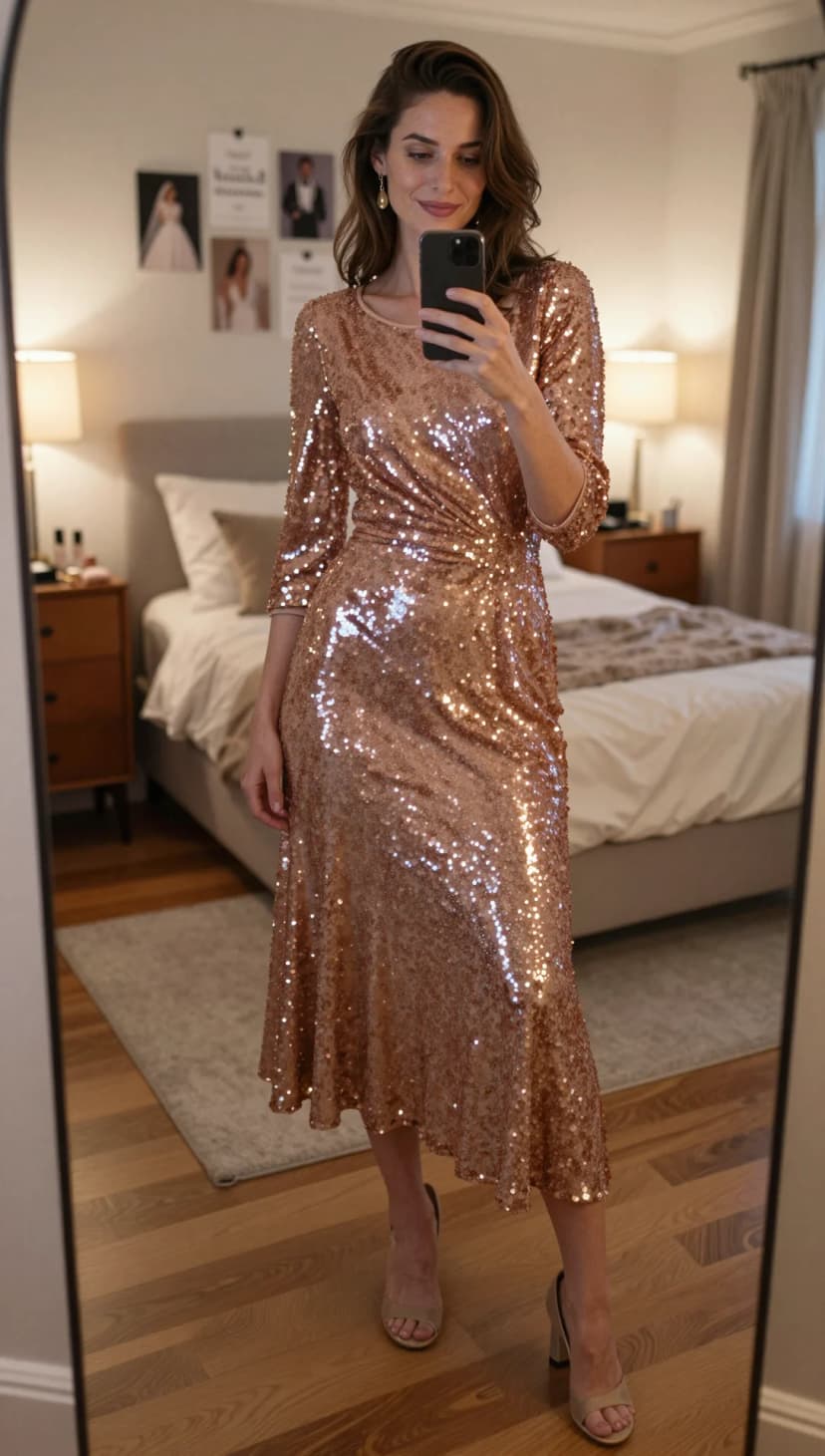 Rose Gold Sequin Midi Dress + Nude Block Heels