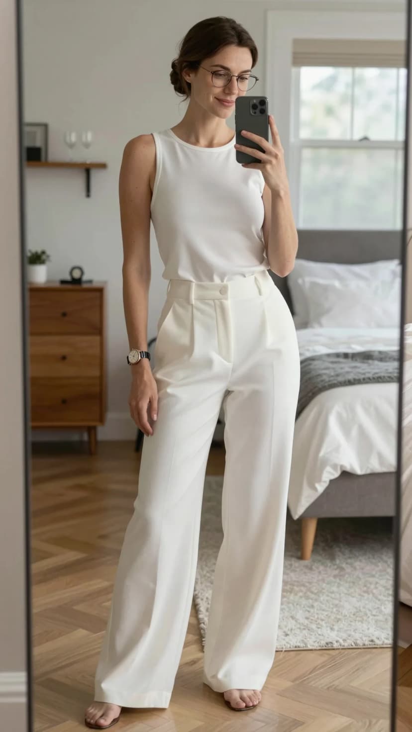 White Ribbed Tank Top + White Wide-Leg Trousers + Black Leather Watch