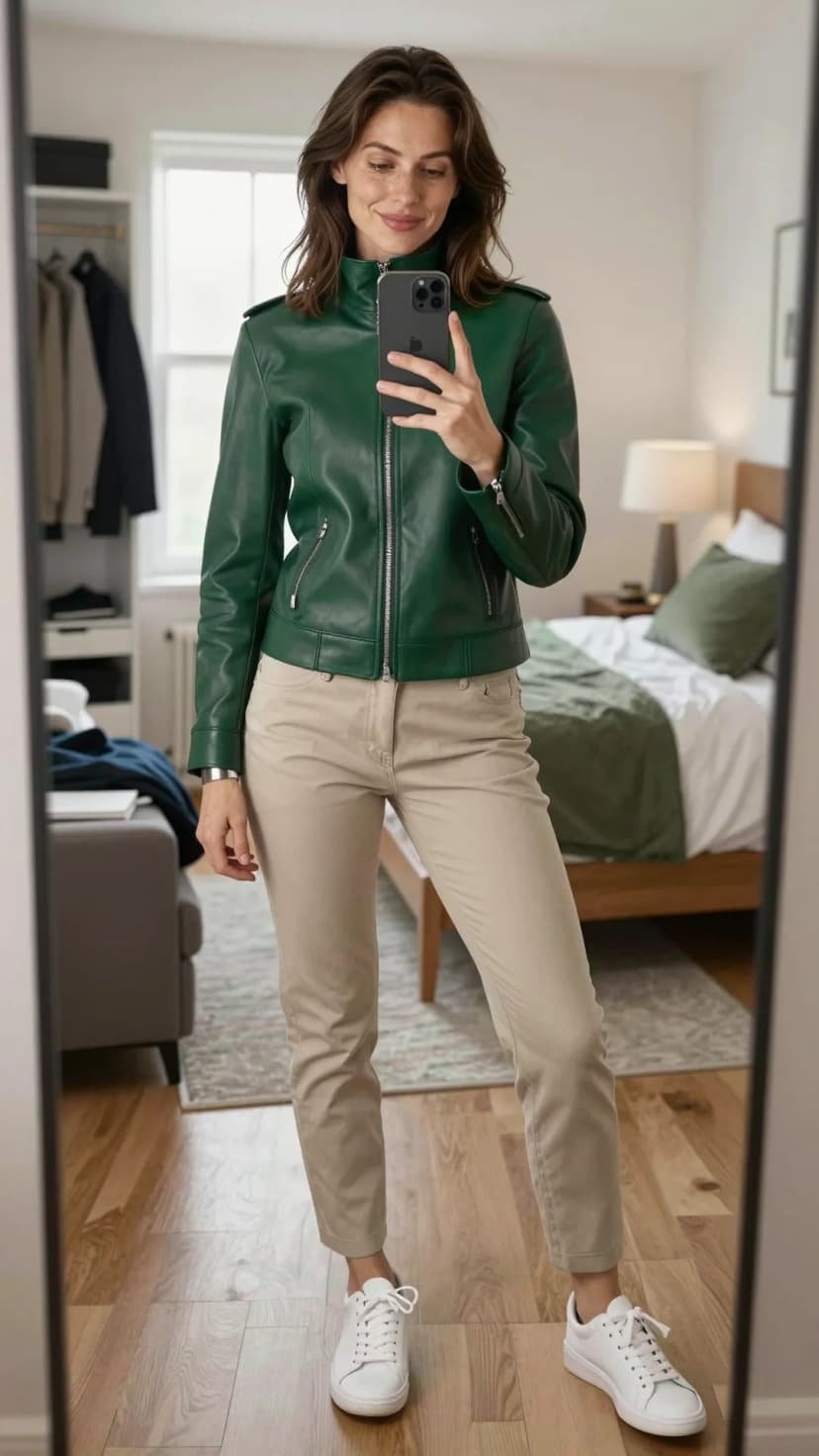 Forest Green Leather Moto Jacket + Beige Chinos + White Sneakers