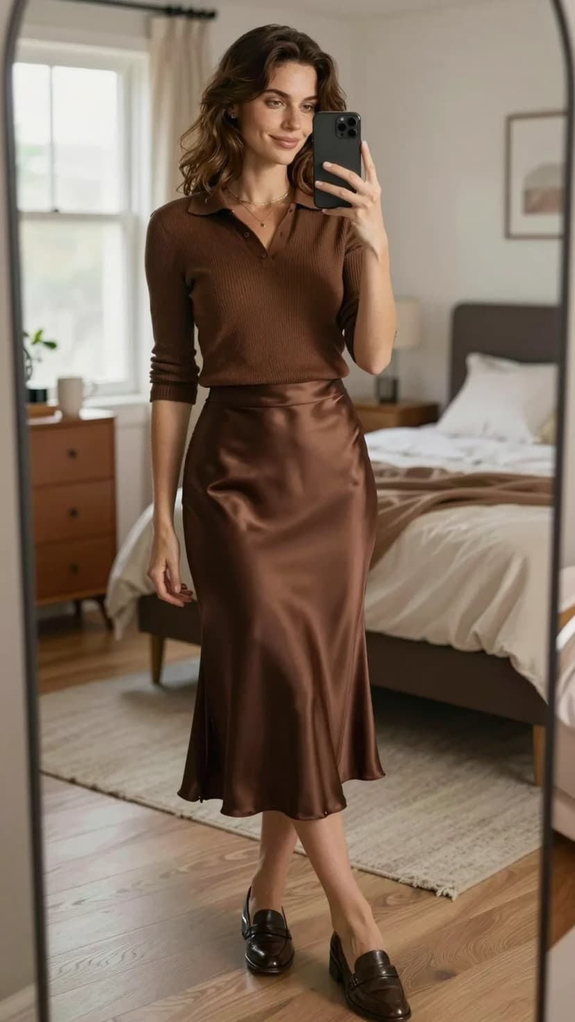 Brown Ribbed Knit Polo Top + Brown Satin Midi Skirt + Brown Leather Loafers