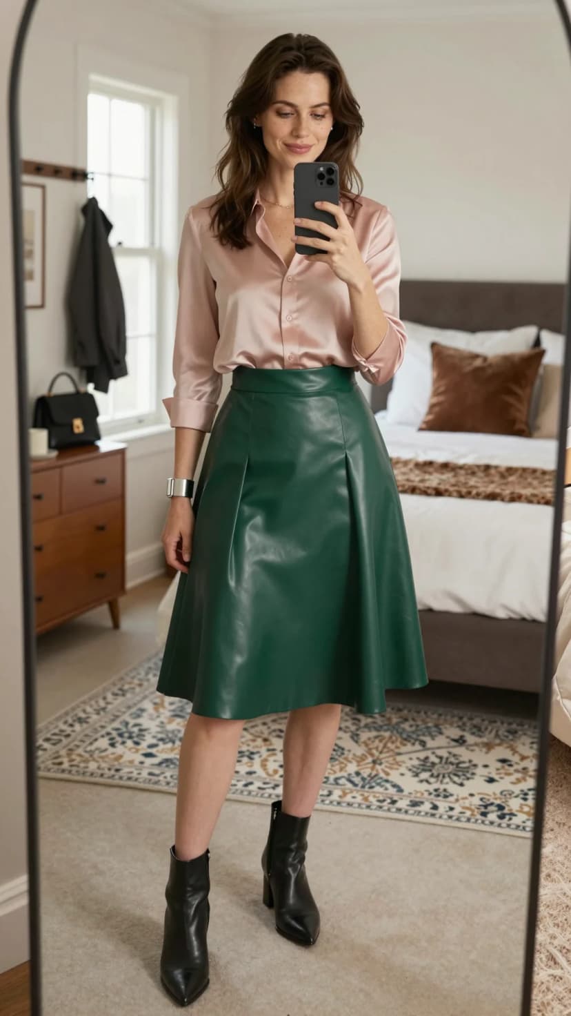 Pink Satin Button-Down Shirt + Green Faux Leather Midi Skirt + Black Leather Ankle Boots