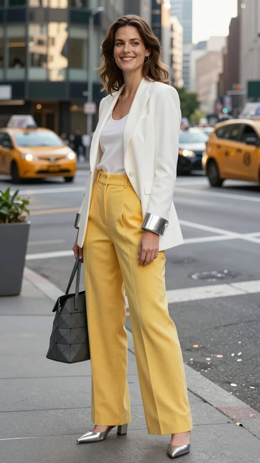 White Linen Blazer + White Tank Top + Yellow Wide-Leg Trousers + Silver Pointed-Toe Heels