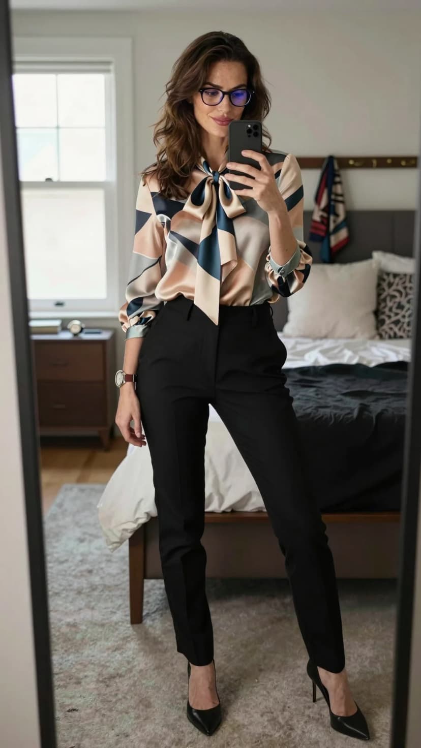 Multicolor Geometric Silk Blouse + Black Tailored Trousers + Black Pointed-Toe Heels