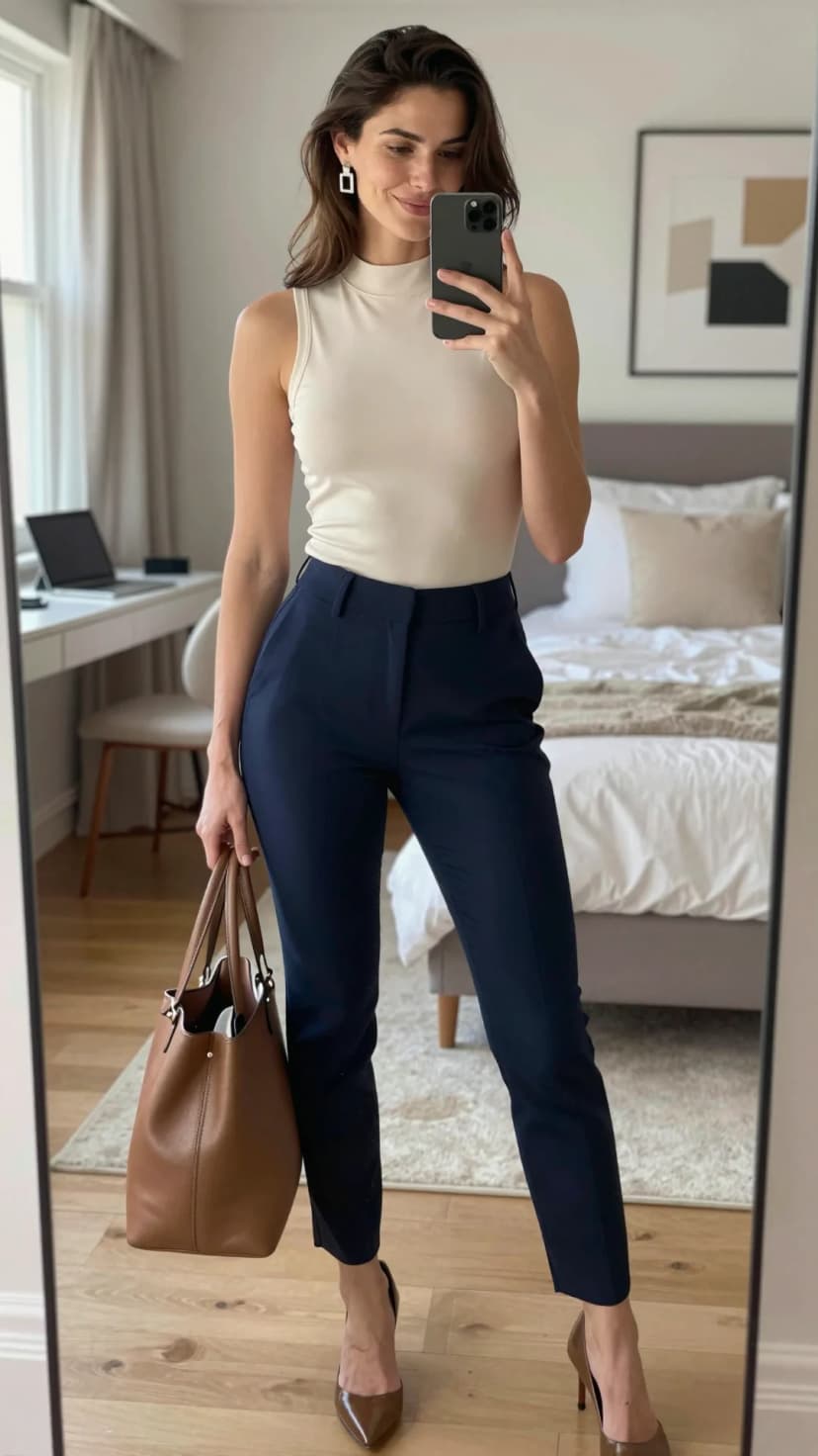 Cream Mock Neck Sleeveless Top + Navy Tailored Trousers + Brown Patent Heels