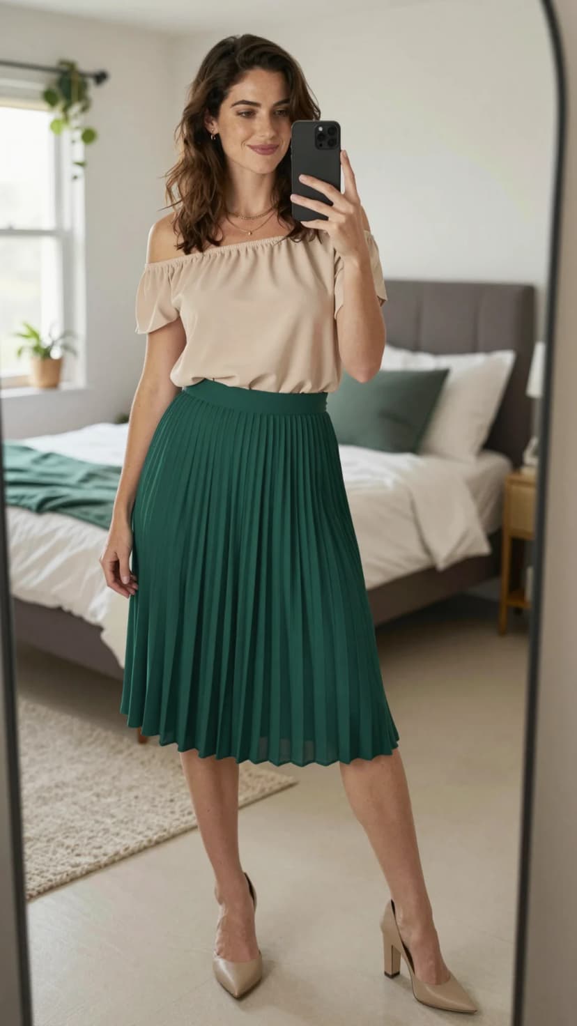 Beige Off-the-Shoulder Top + Forest Green Pleated Midi Skirt + Nude Pointed-Toe Heels
