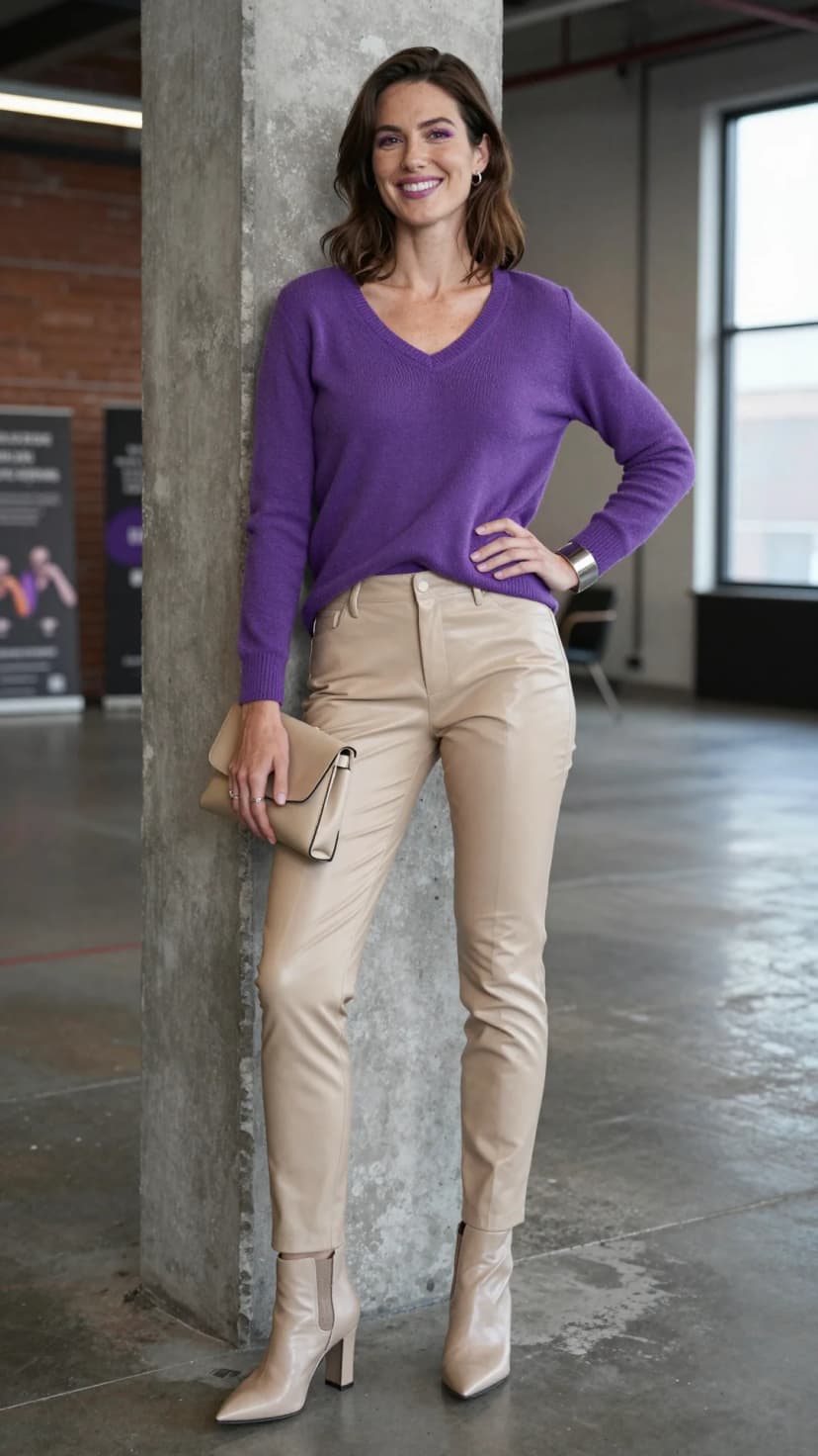 Purple V-Neck Sweater + Beige Faux Leather Pants + Beige Pointed Toe Boots