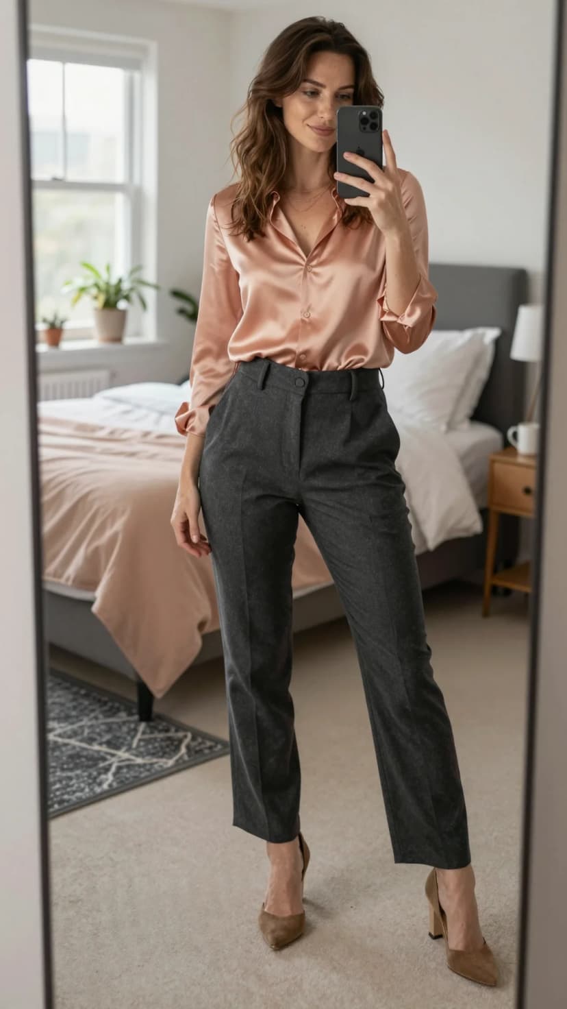 Peach Satin Button-Down Shirt + Charcoal Wool Trousers + Taupe Suede Heels