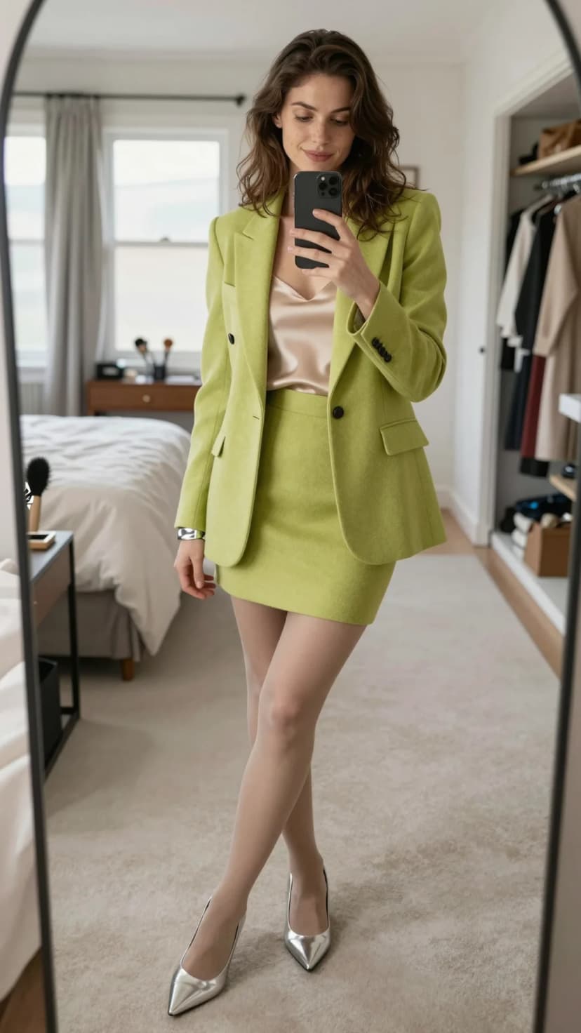 Lime Green Textured Blazer + Lime Green Textured Mini Skirt + Champagne Satin Camisole + Silver Pointed-Toe Heels