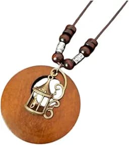 Vintage Wooden Pendant Long Rope Necklace