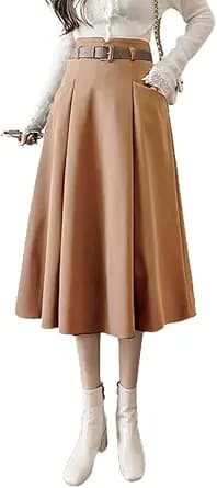 Wool High Waist Pleated Midi Skirt (Camel)