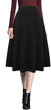Warm Wool High Waist A-Line Midi Skirt (Black)