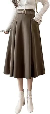 Wool High Waisted A-Line Pleated Midi Skirt (Taupe)