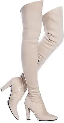 Stretch Suede Chunky Heel Over-The-Knee Boots (Taupe)