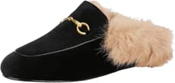 Arqa Fur Mules for Women Comfortable Leather Buckle Mule Flats Furry Padded Backless Loafers Casual Slides Shoes
