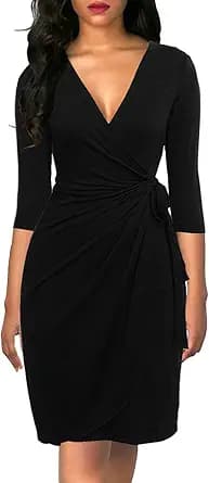3/4 Sleeve V-Neck Wrap Dress (Black)
