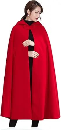 Warm Wool Blend Hooded Cape Cloak (Red)