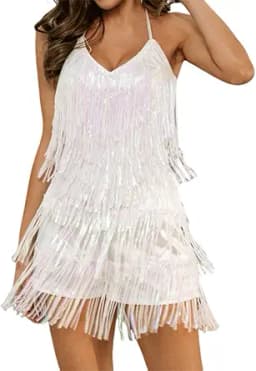 Women Halter Tassel Fringe Romper Layered Fringe Mini Dress Sexy Backless Short Jumpsuit Playsuit Disco Birthday Dance Outfit