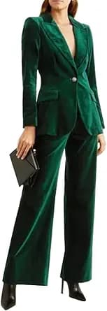 Women's Formal 2 Piece Outfit Velvet Prom Suit Set One Button Business Office Lady Blazer Pants