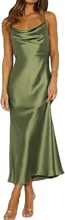 Spaghetti Strap Cowl Neck Backless Midi Dress (Olive Green)