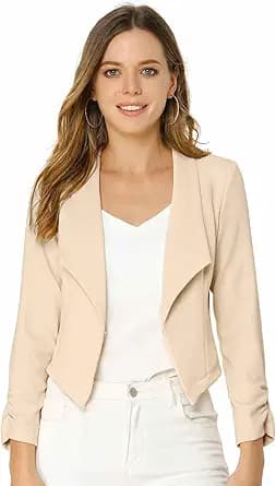Allegra K Women\'s Notched Lapel Ruched Sleeve Jackets Business Cropped Blazer