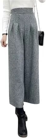 High Waist Wide Leg Plaid Wool Pants (Grey)