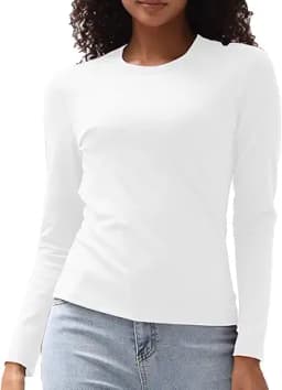 Cotton Long Sleeve Slim Fit Crewneck Tee (White)