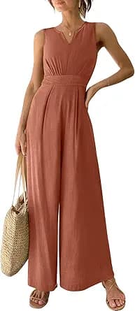 ANRABESS Jumpsuits for Women Summer Dressy Casual Linen Romper Sleeveless V Neck High Waist Wide Leg Beach Vacation Outfits