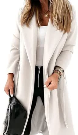Notched Lapel Open Front Belted Overcoat (Ivory)