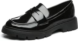 Women\'s Chunky Platform Loafers with Buckle Patent Leather Black Penny Loafers Fashion Office Work Business School Dressy Casual Shoes Comfortable Slip-on