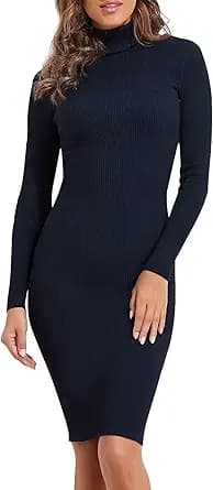Turtleneck Ribbed Knit Sweater Dress (Navy)