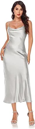 Spaghetti Strap Satin Slip Midi Dress (Silver)