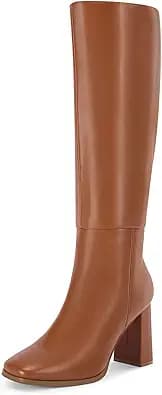 Wide Calf Knee High Chunky Heel Boots (Brown)