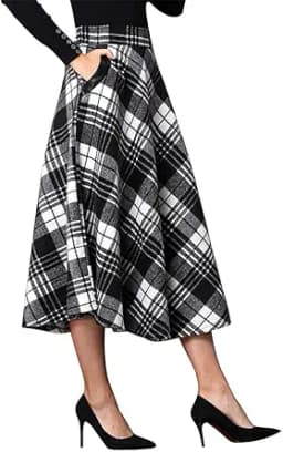 Plaid Wool A-Line Pleated Midi Skirt (Geometric)