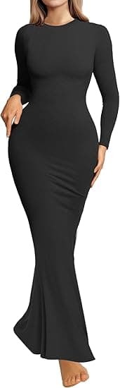 Sexy Crew Neck Bodycon Maxi Dress (Black)