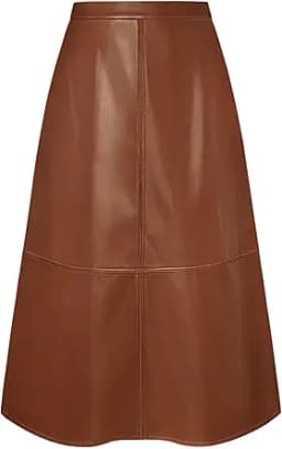 High Waist A-Line Faux Leather Midi Skirt (Brown)