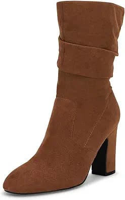Mid Calf Suede Chunky Block Heel Booties (Brown)