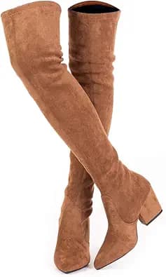 Thigh High Block Heel Over-The-Knee Boots (Brown)