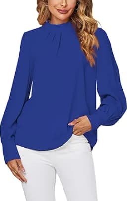 Mock Neck Pleated Long Sleeve Blouse (Blue)
