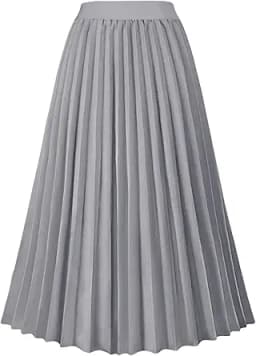 High Waist Pleated A-Line Midi Skirt (Grey)