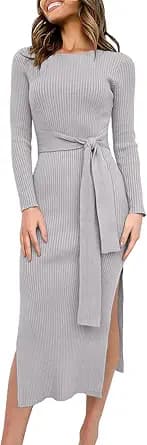 ANRABESS Womens Long Sleeve Sweater Dress Crew Neck Slim Fit Slit Tie Waist 2025 Ribbed Knit Bodycon Midi Dress Fall Outfits
