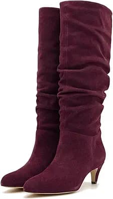 LEHOOR Women Low Kitten Heel Knee High Boots Pointed Toe Suede Slouch Dress Boots Pull On Short Heel Wide Calf 4-11 M US