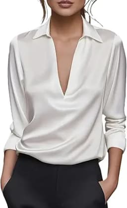 Deep V-Neck Satin Silk Blouse (Cream)