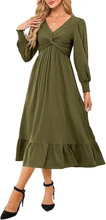 Dokotoo Womens 2024 Wrap V-Neck Twist Knot Long Sleeve Empire Waist Midi Maxi Dress A-Line Ruched Flowy Dress with Pockets