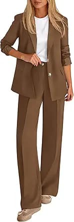 2-Piece Blazer & Wide Leg Pants Suit (Brown)