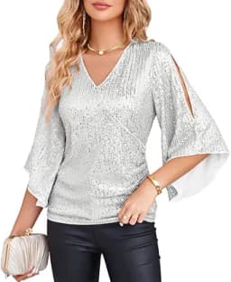 3/4 Sleeve Sparkly Sequin V-Neck Blouse (Silver)