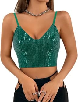 Haoohu Women\'s Sparkly Sequin Spaghetti Strap Crop Top Sleeveless V Neck Rave Tank Vest Clubwear